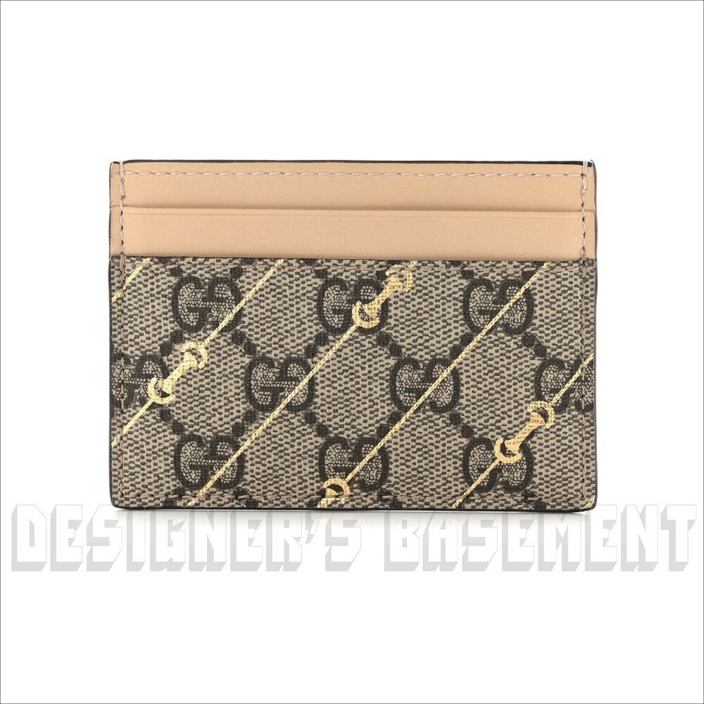 GUCCI beige Leather gold Horsebit print GG Supreme Canvas Card Case wallet NIB🎁